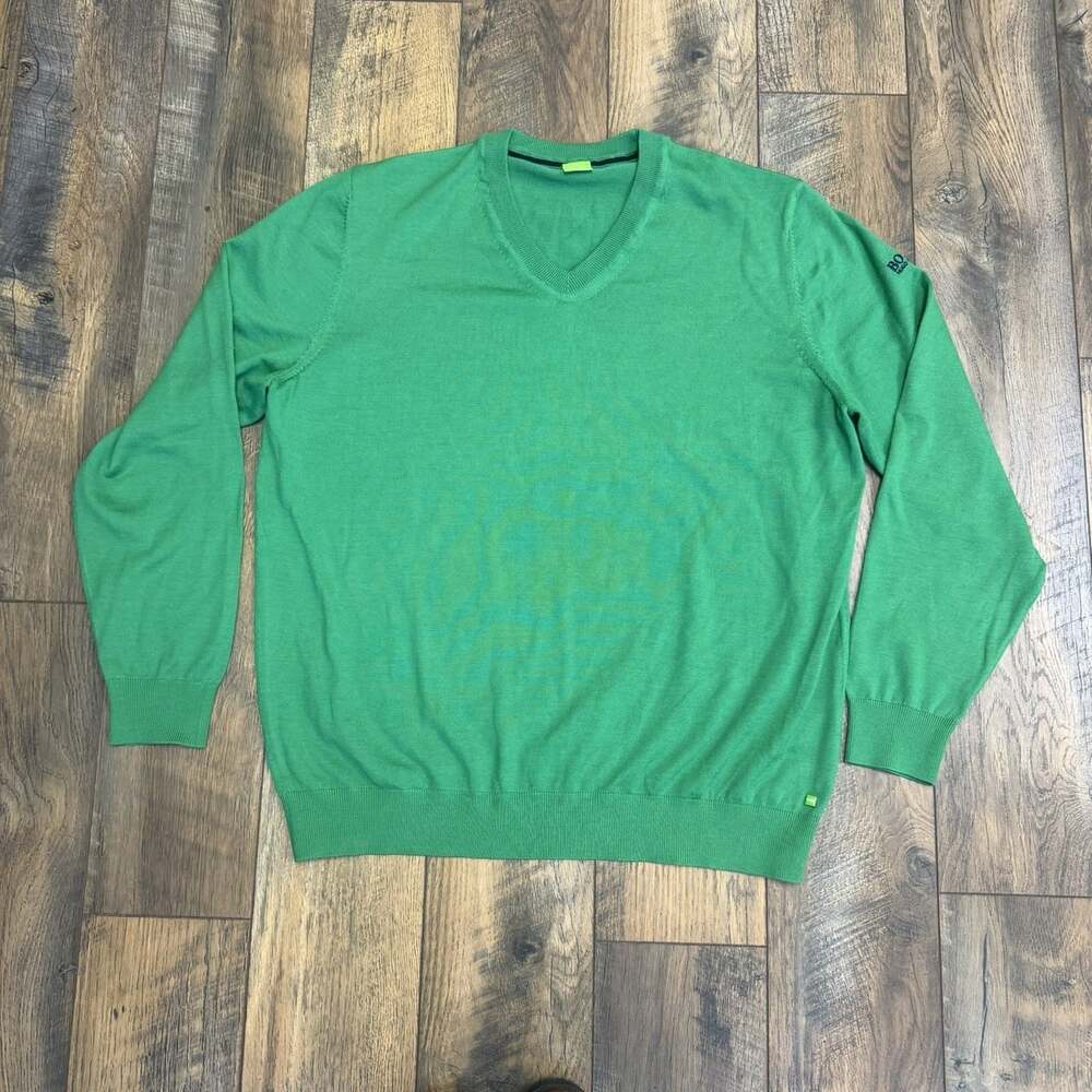 Hugo Boss Men XXL Green Virgin Wool V-Neck Sweater Logo Pullover